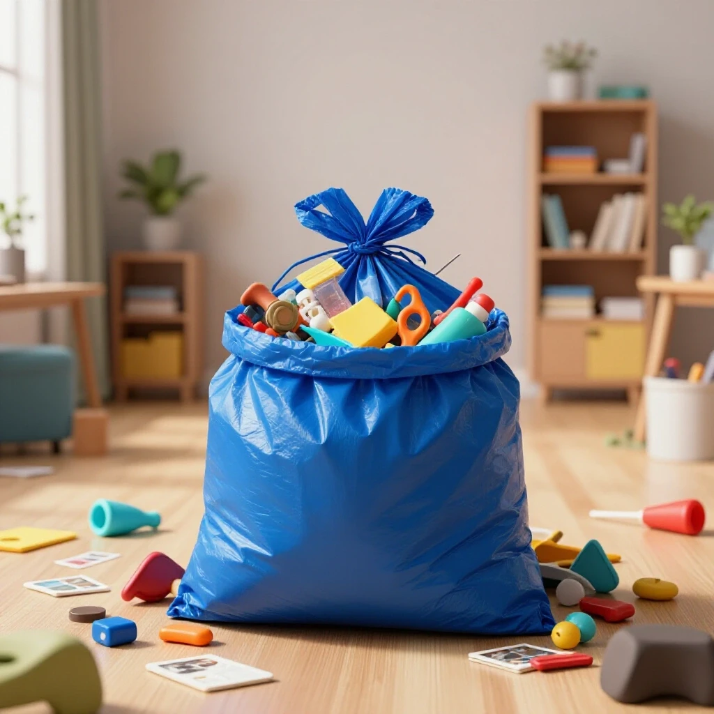 A vibrant blue trash bag overflowing with clutter in a chaotic room, contrasted by a tidy space in the background.