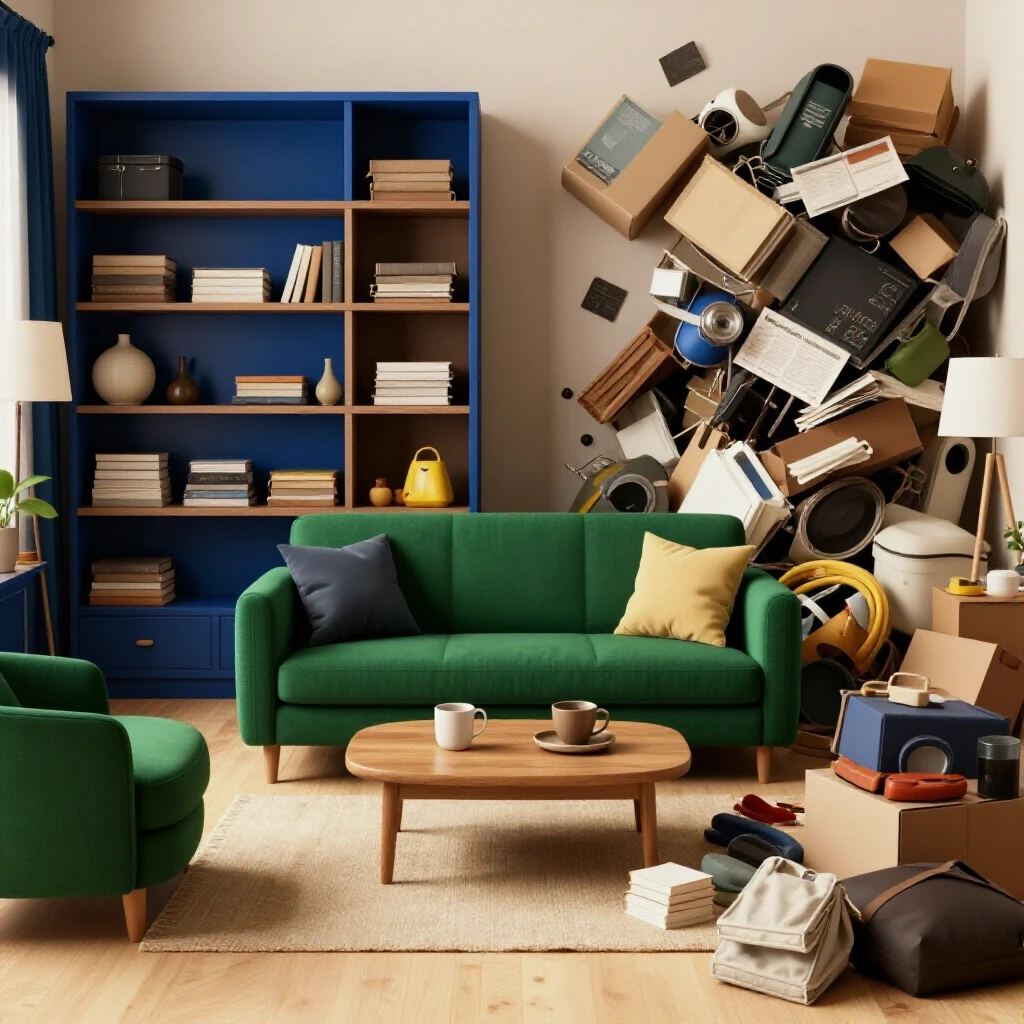 A split image showcasing an organized space on one side and a cluttered area on the other, highlighting decluttering solutions.