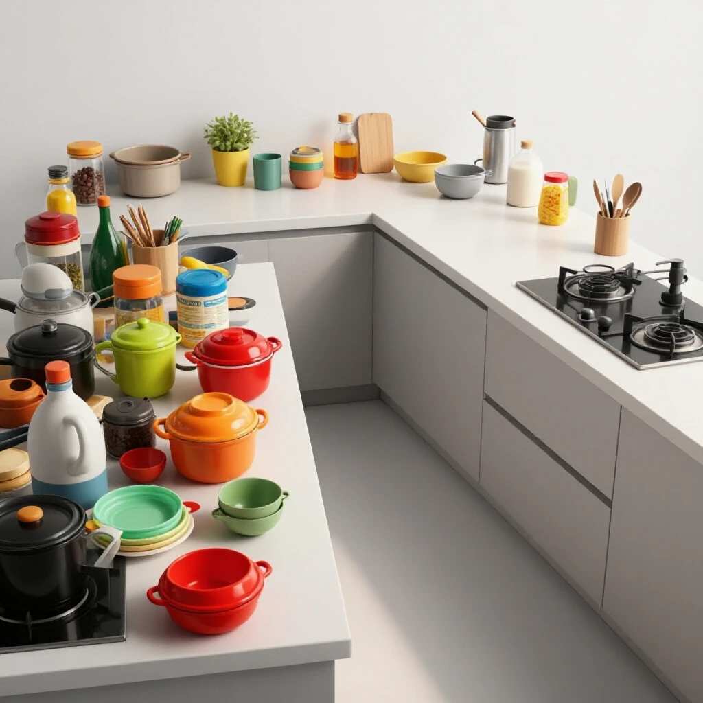 Split image showing a cluttered kitchen counter on one side and a minimalist organized counter on the other, with sleek kitchen essentials.