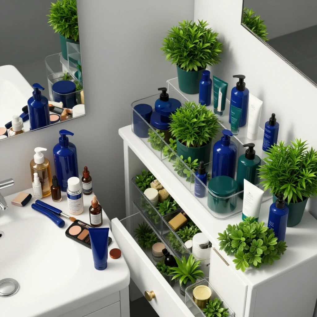 A split bathroom vanity showing one side cluttered with products and the other side neatly organized with clear containers and plants.