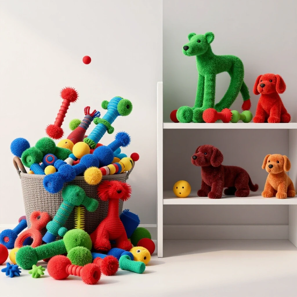 A serene living space contrasting a chaotic pile of colorful dog toys with a neatly organized shelf, evoking decluttering inspiration.