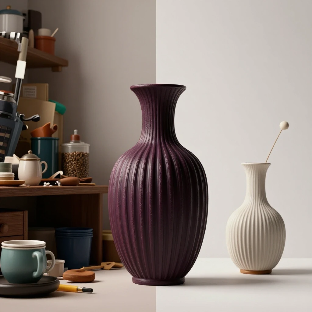 A split-image showing a cluttered space on one side and a minimalist decor setup on the other, inspired by the decluttering method.