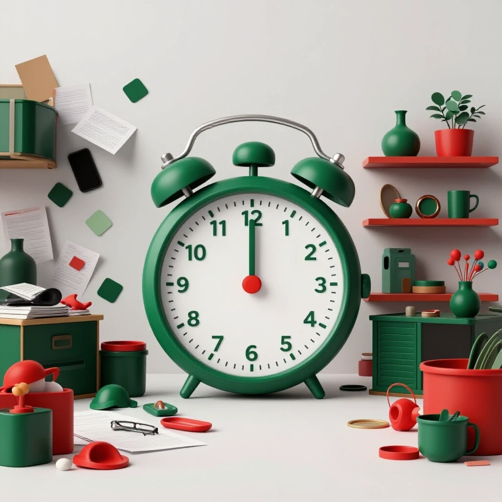 A contrast of a cluttered space versus an organized area, centered around a striking timer symbolizing urgency.