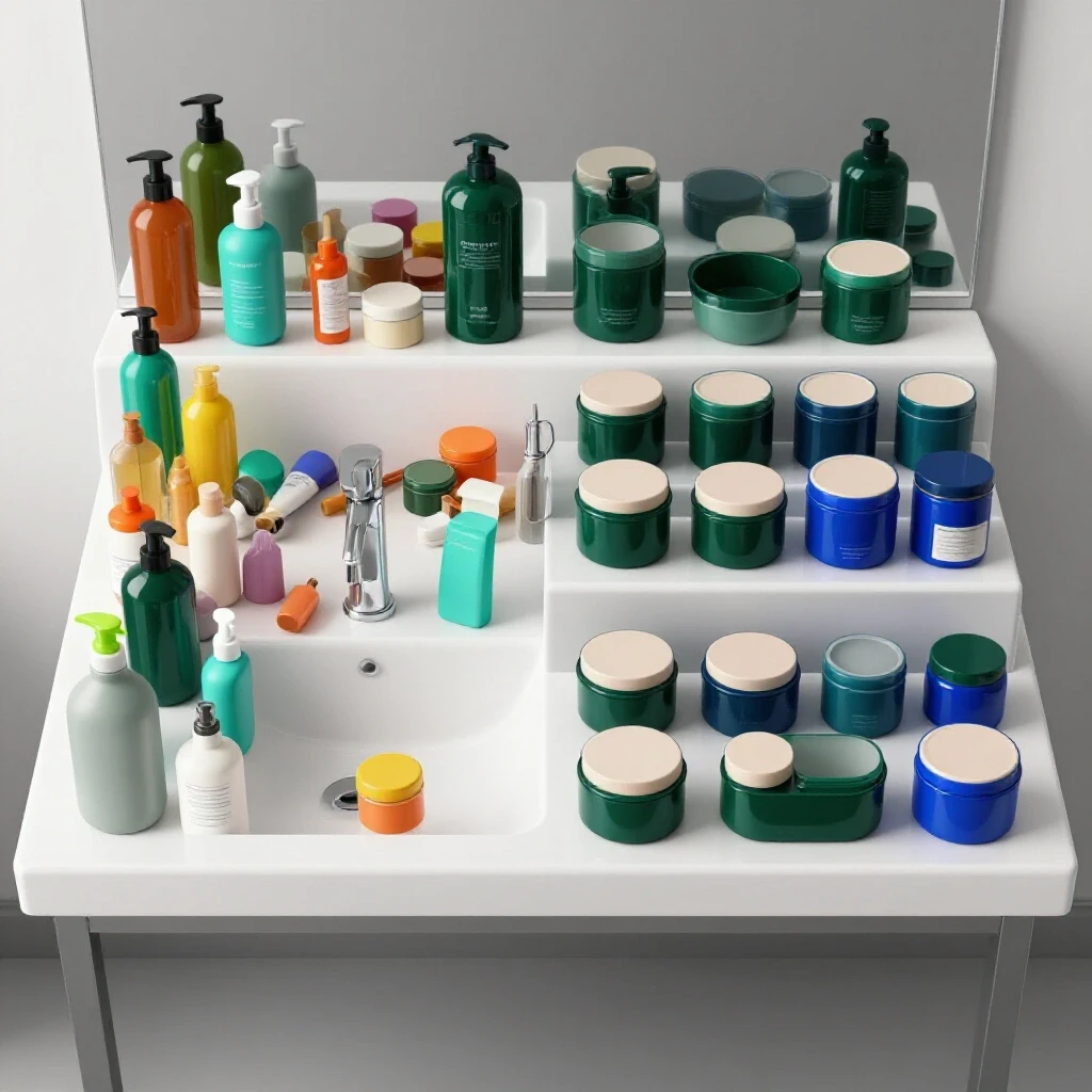 A bathroom counter split between a cluttered side of toiletries and an organized side with stylish containers.