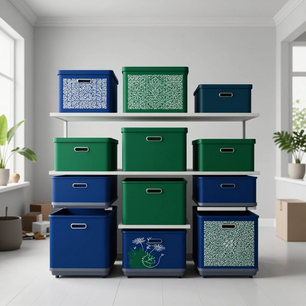 An organized living space showcasing deep blue and green storage bins, with soft lighting and a clean background symbolizing relief from clutter.