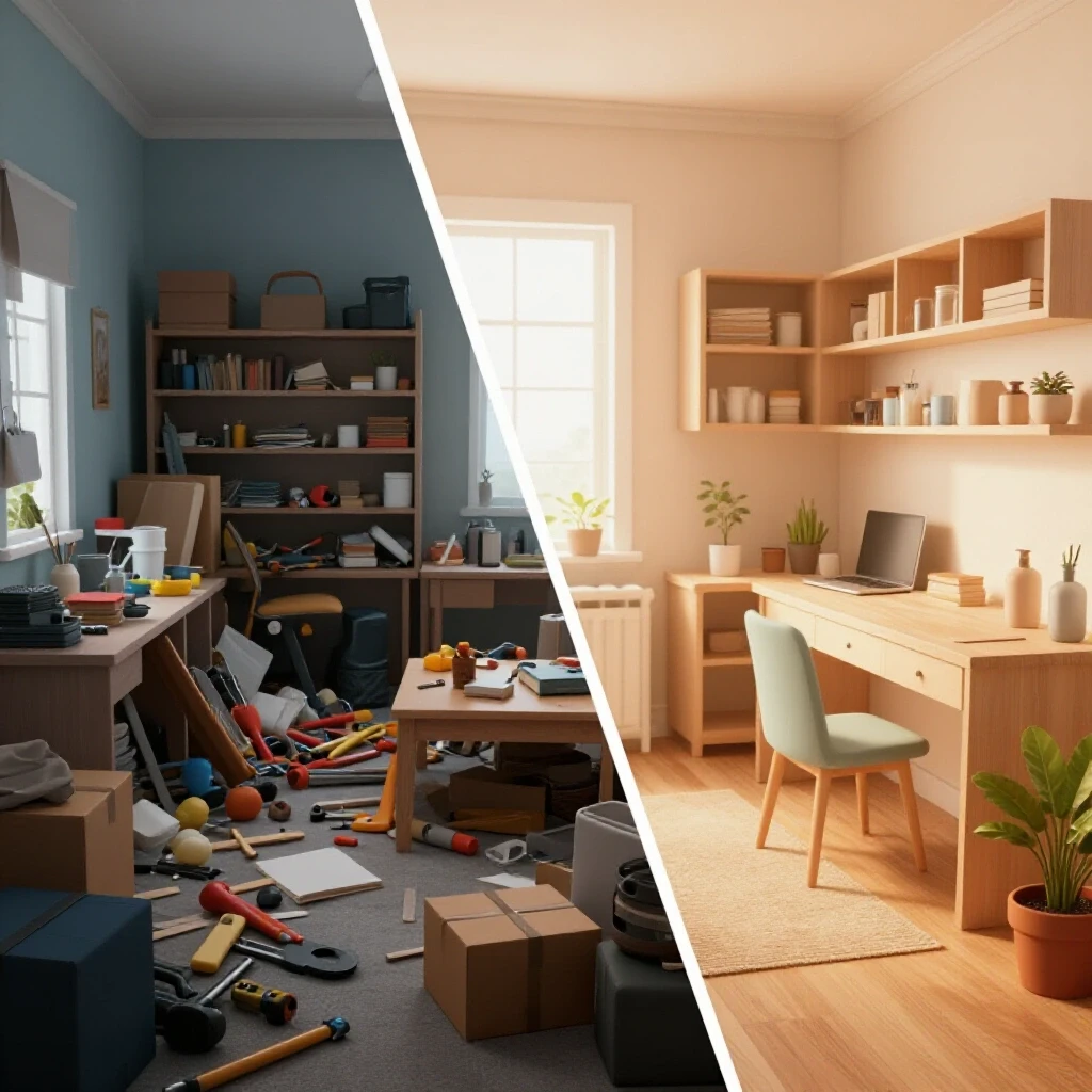 A visual representation contrasting a cluttered room with a serene, organized space to illustrate decluttering during renovation.