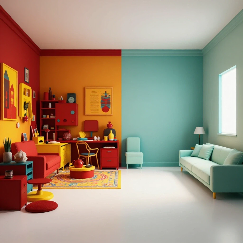 A contrasting image showing a cluttered chaotic room on the left and a serene minimalist space on the right, illustrating a declutter transformation.
