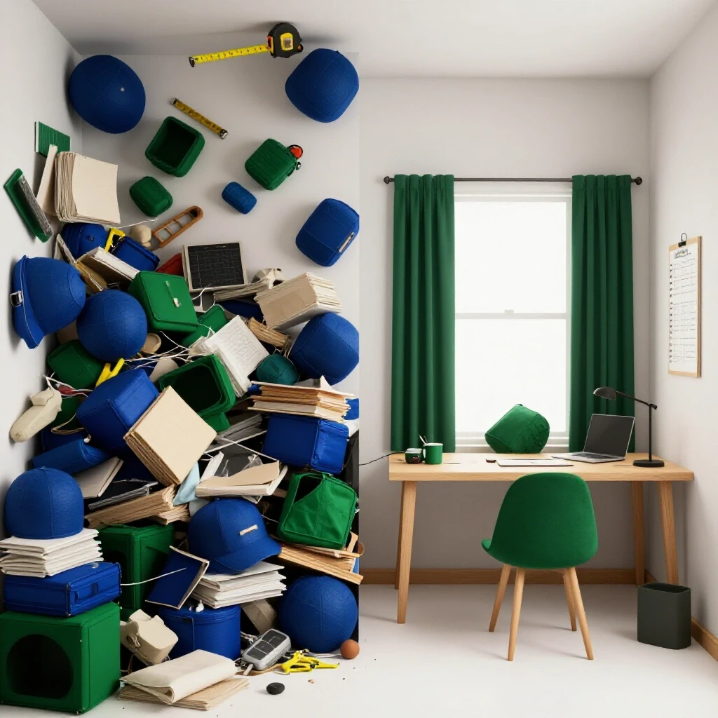 A dynamic 3D-rendered image illustrating a chaotic room on one side transforming into an organized space on the other, showcasing a decluttering process.
