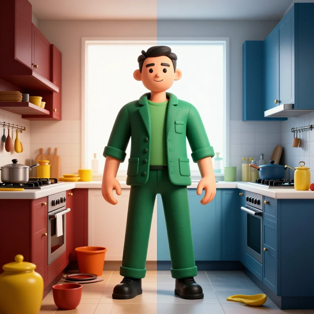 A split scene illustrating a chaotic cluttered kitchen on one side and a serene organized kitchen on the other, showcasing the decluttering process.