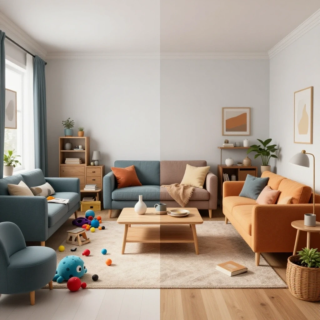 A living room split between chaos and order, contrasting cluttered toys with a serene organized space, inviting viewers to explore decluttering.