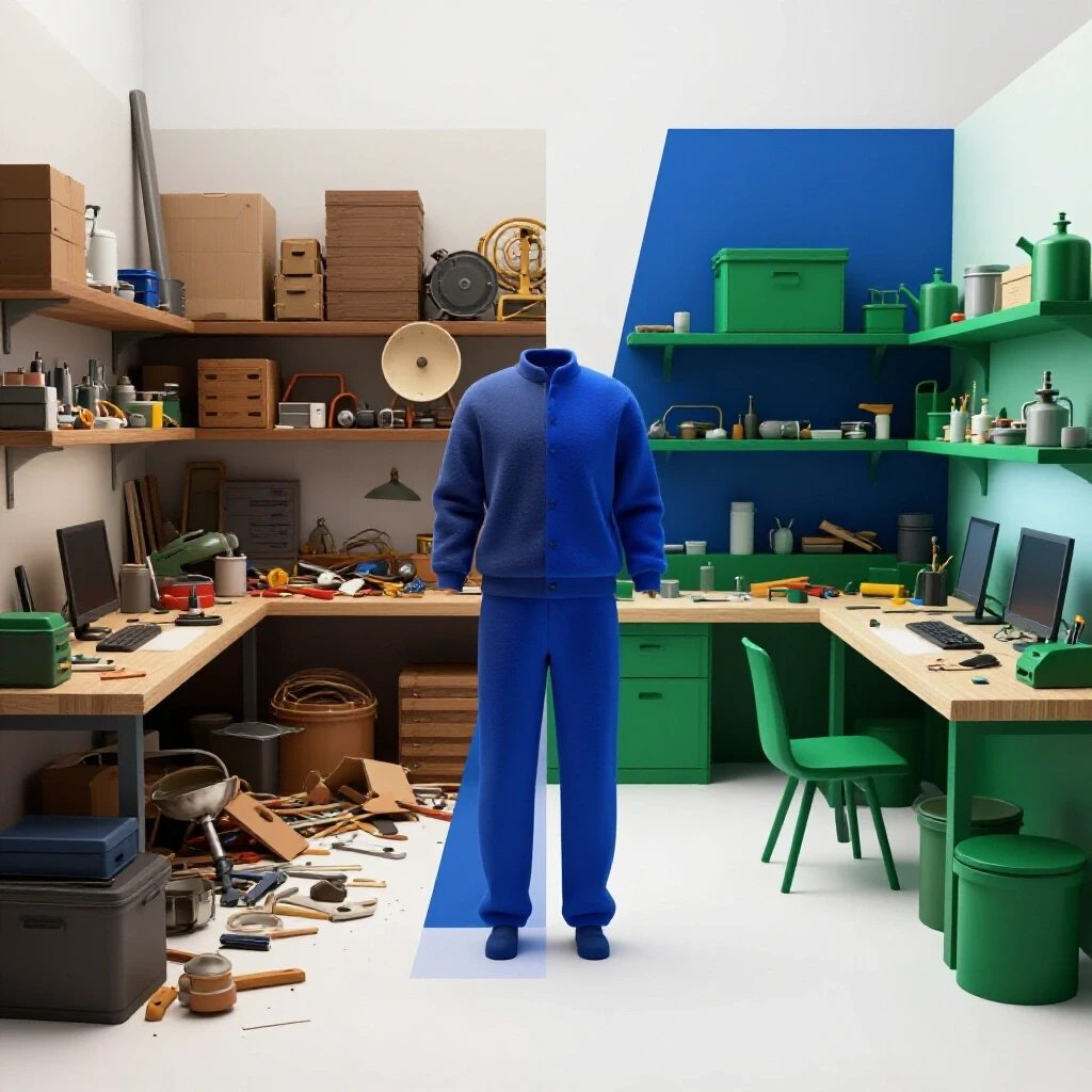 A visually striking transition image showcasing a chaotic cluttered workshop on one side and an organized space on the other, emphasizing decluttering productivity.