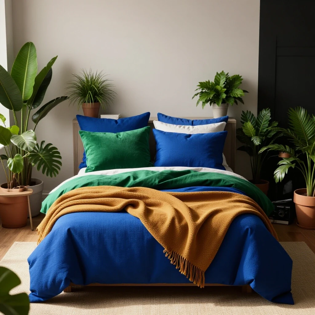A bright sunlit bedroom showcasing layered textures with lush bedding, a cozy reading nook, and vibrant plants against a dark corner.
