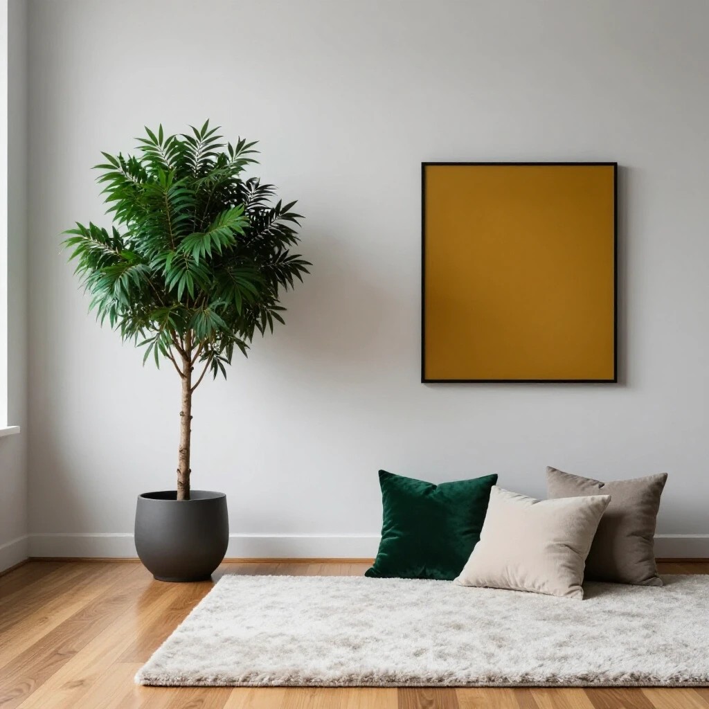 A serene minimalist living space featuring a vibrant green plant and colorful artwork on a wooden floor rug, with a clean neutral backdrop.
