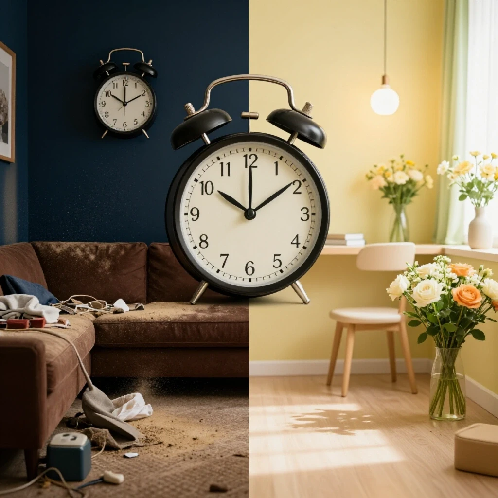 A split image showing a cluttered dusty room on one side and a clean inviting space with flowers on the other, illustrating home cleaning transformation.