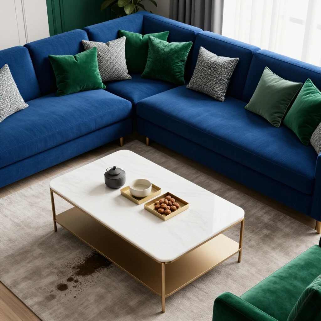 Modern living room decor with water stains creeping from corners, showcasing hidden damage.