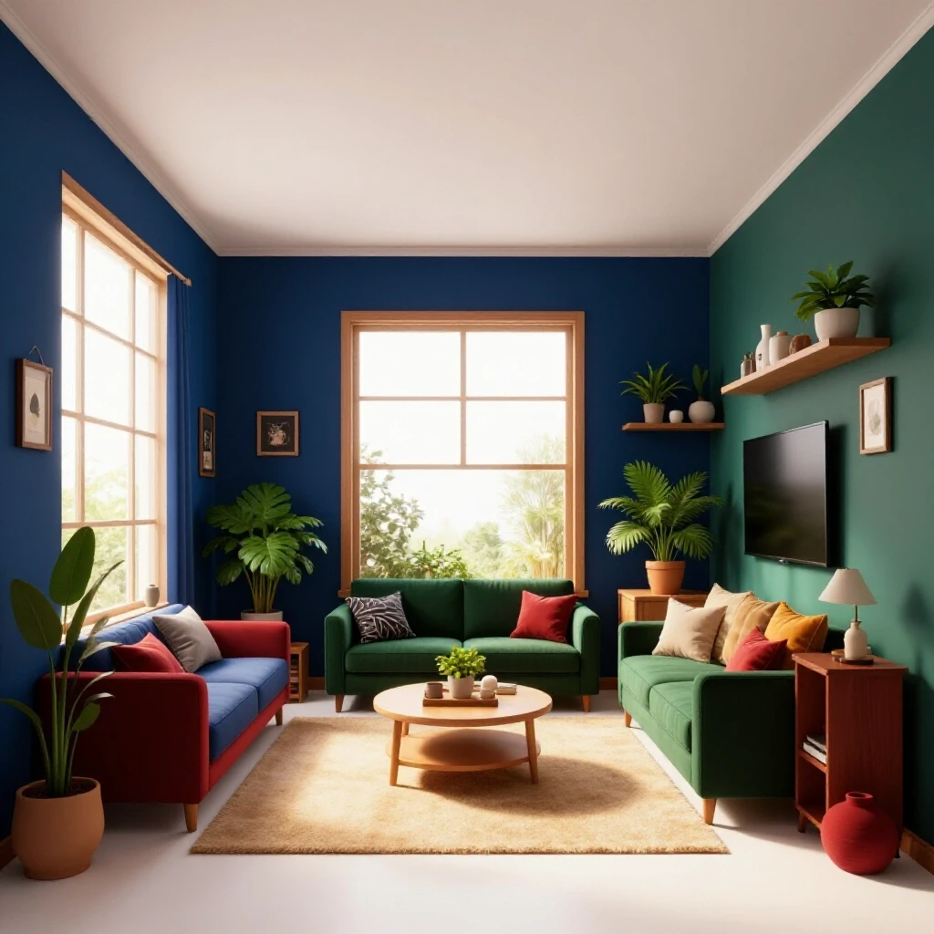 A cozy room showing a spacious side and a compact side, with warm lighting and rich colored furniture, conveying comfort.