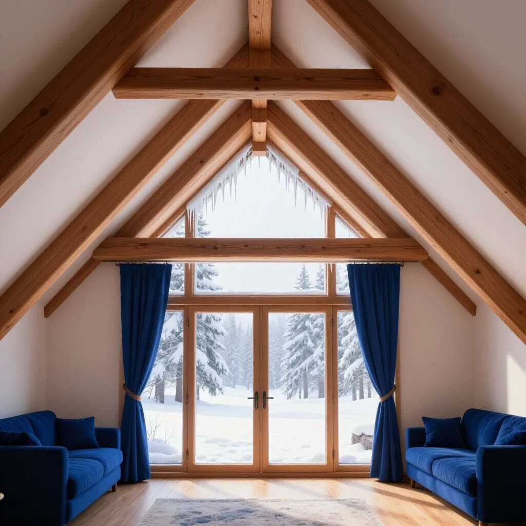 Cozy attic interior with melting icicles contrasting a snowy landscape outside, showcasing warmth and winter isolation.