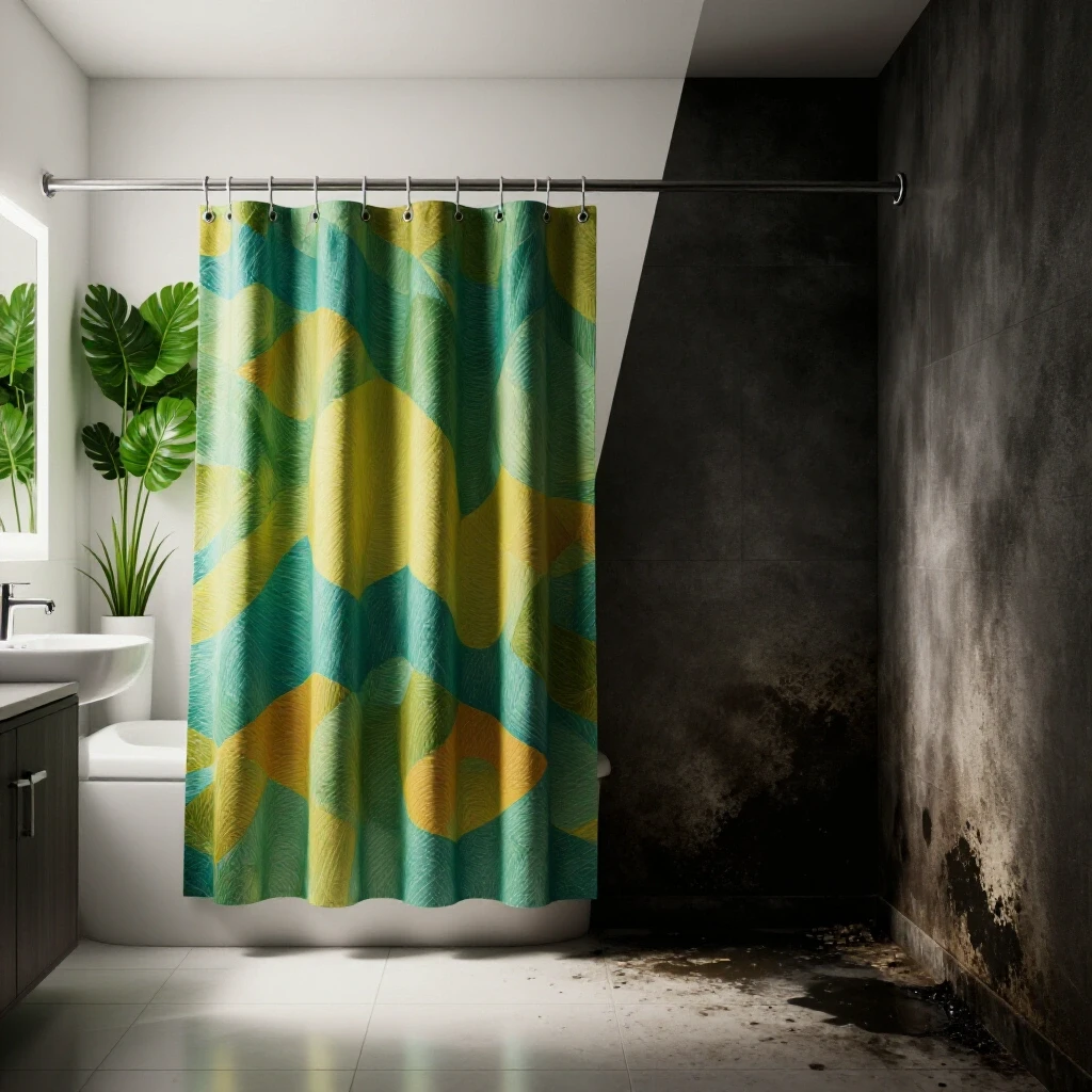A striking visual split between a vibrant, clean bathroom and a dark, moldy corner, highlighting the transformation.