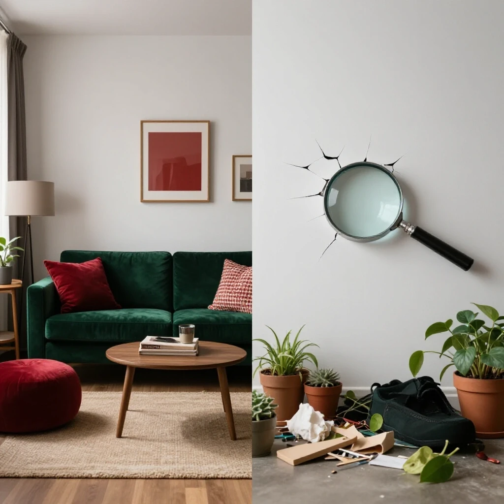 A split-image comparing a cozy living room with a chaotic, cluttered space, illustrating home diagnostics.