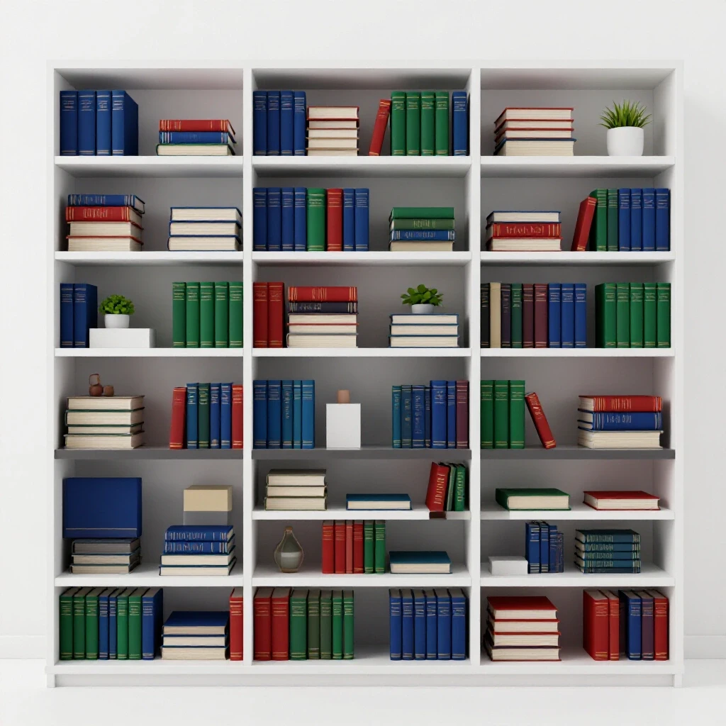 Neatly arranged bookshelf with colorful books and minimalist decor in a bright studio background