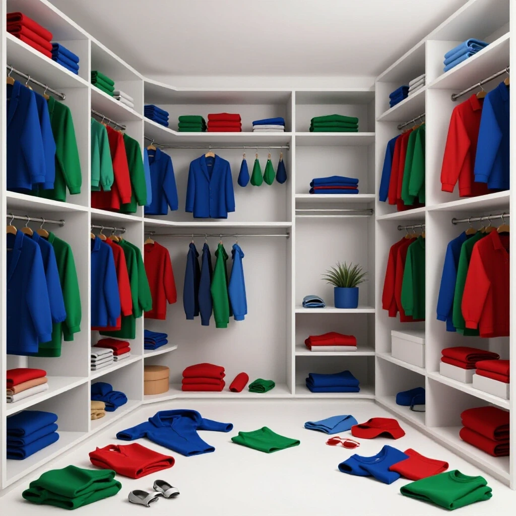 A dramatic visual contrast between an overflowing closet and a minimalist organized closet, showcasing seasonal clothing items.