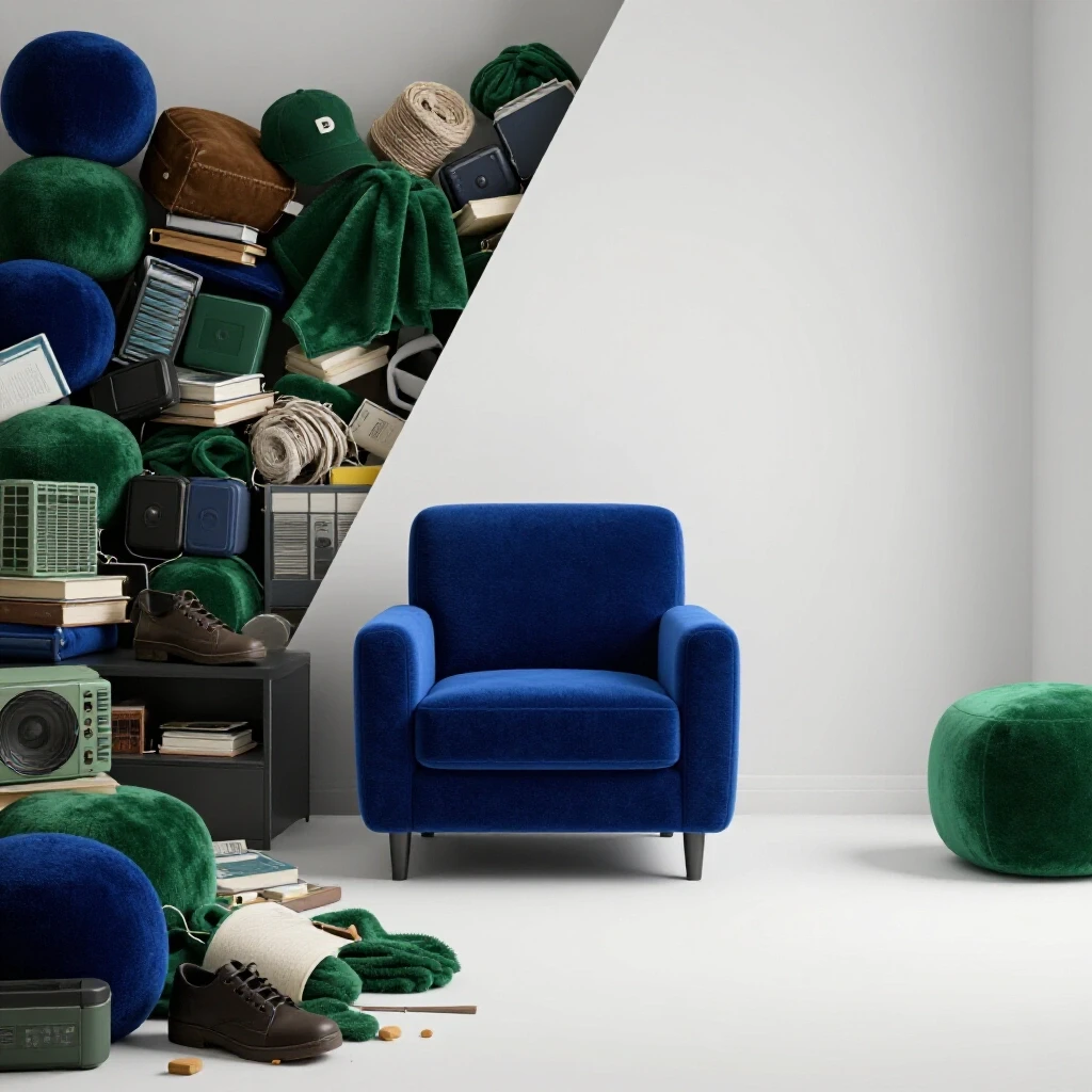 A visual representation showing a cluttered room on one side and a minimalist space on the other, illustrating the downsizing journey.