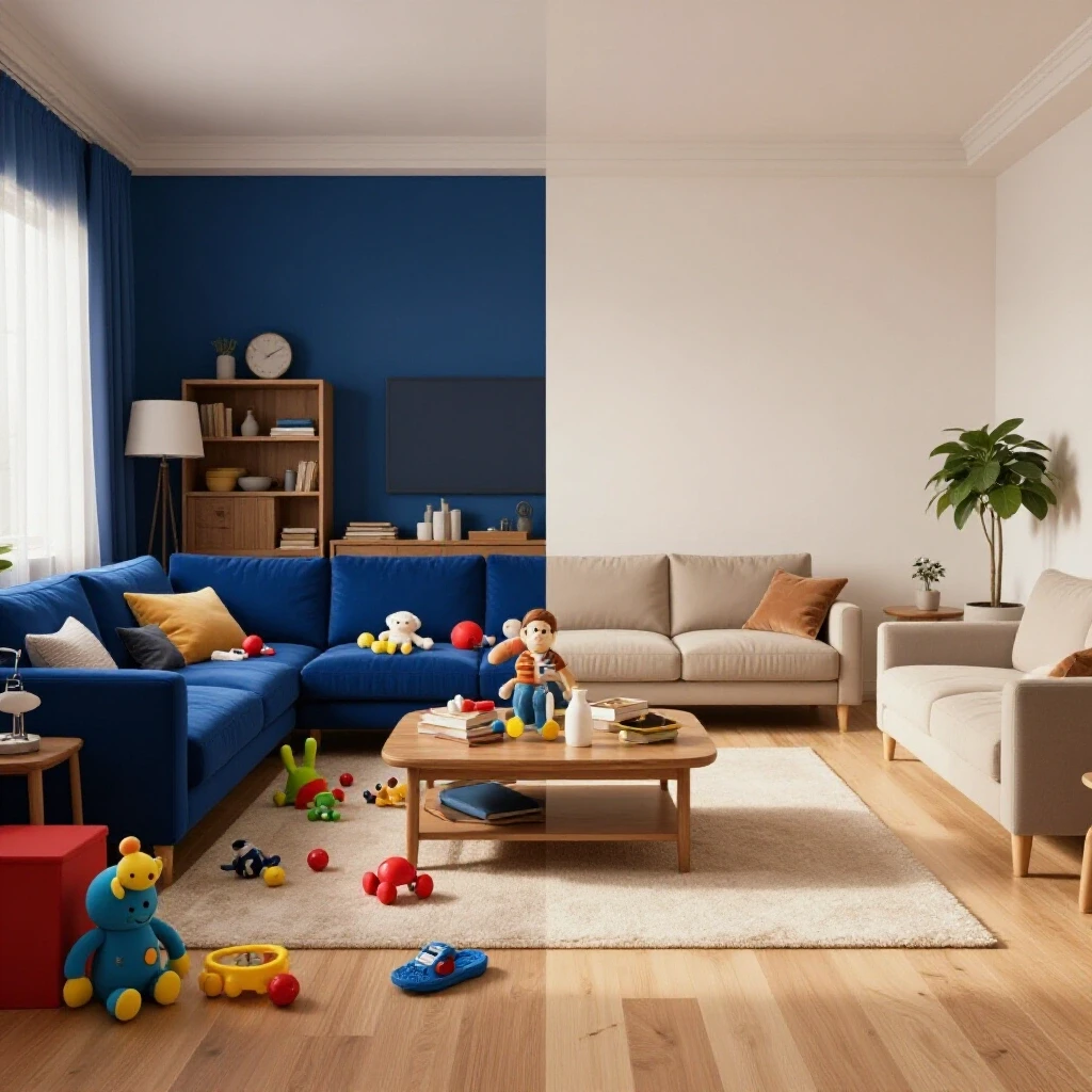 A visual representation of decluttering, showcasing a chaotic living room transitioning to a serene and organized space.