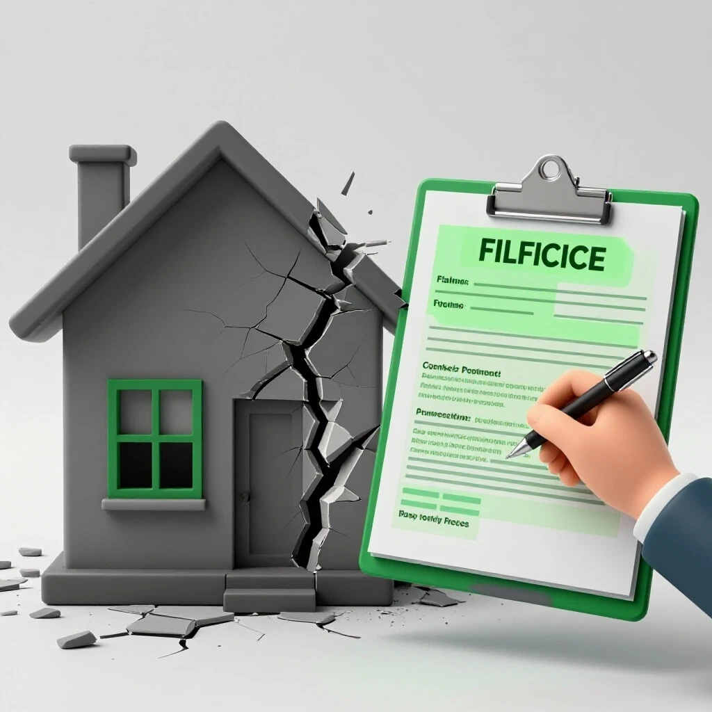 A 3D representation of a broken home contrasted with a hand holding a clipboard, symbolizing insurance claims.