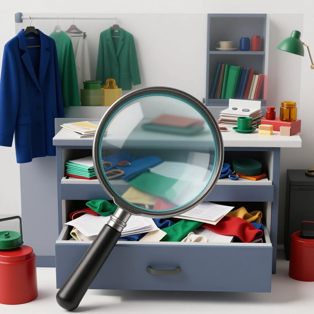 A cluttered room contrasted with a serene, organized space, featuring a magnifying glass and an open, overflowing drawer.