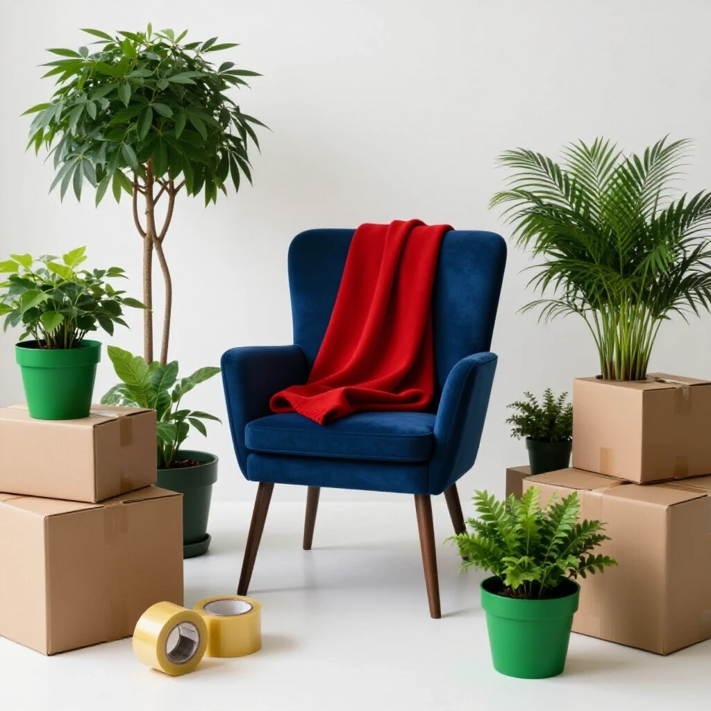 A cozy corner in a new home showcasing a plush chair with a vibrant throw and greenery, amidst moving chaos.