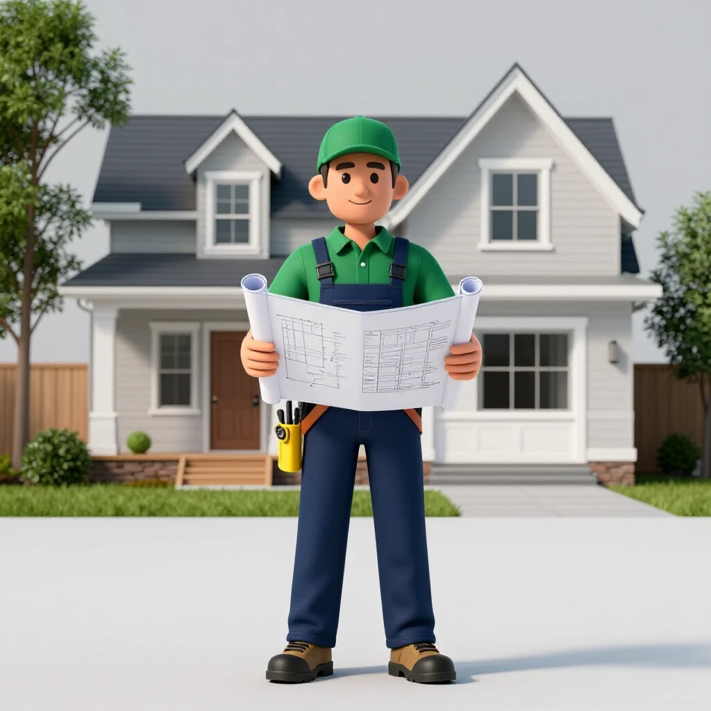 A confident contractor stands with blueprints and tools in front of a brightly lit home, symbolizing trust and collaboration.