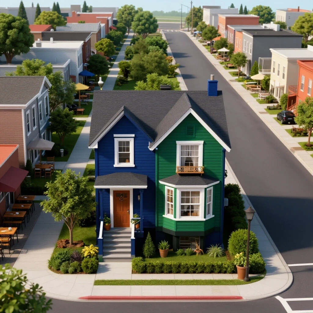Vibrant neighborhood with a cozy home contrasted against an empty street, showcasing inviting colors and community elements.