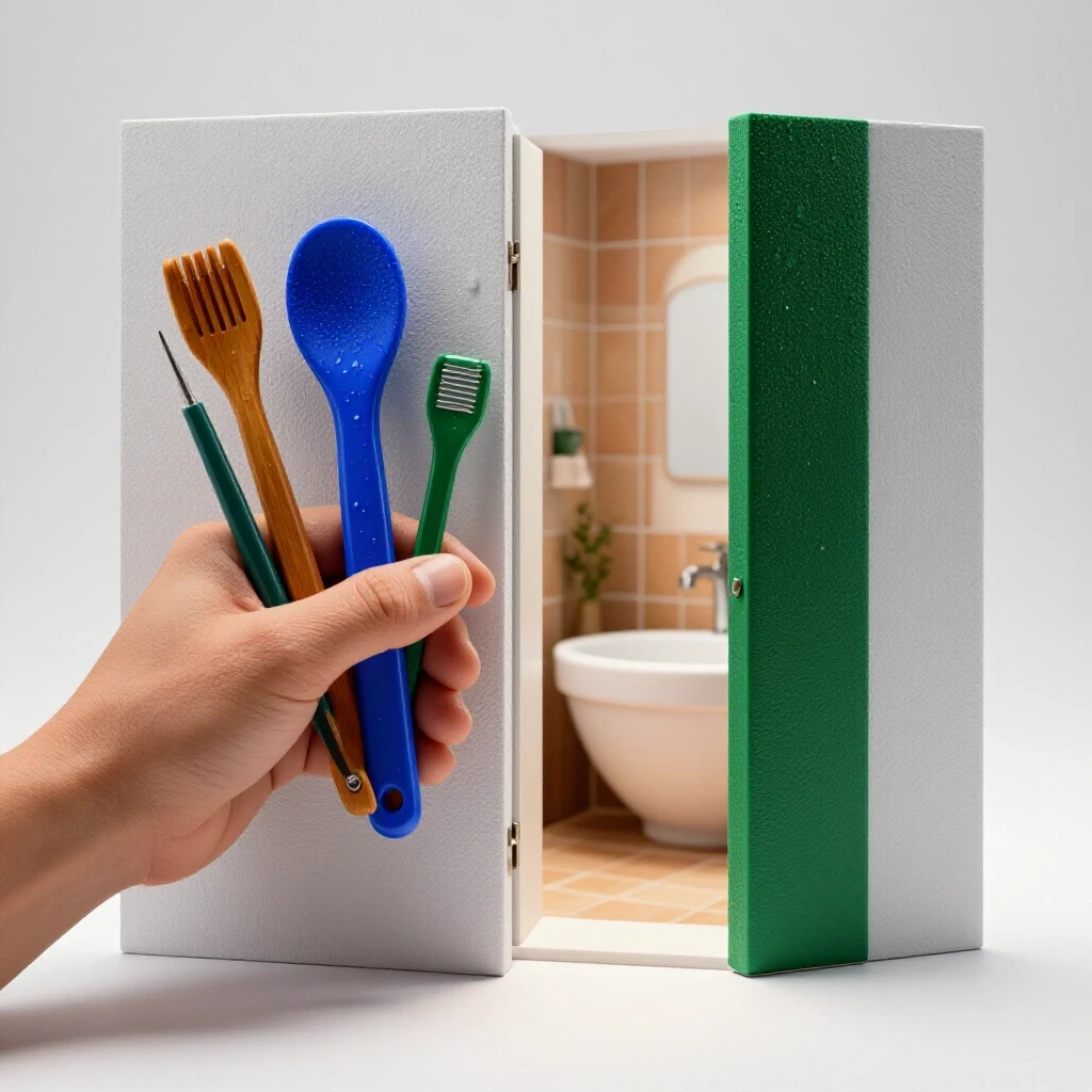 A split image showing a hand with tools and a bright bathroom behind a partially open wall, depicting a leak repair scenario.