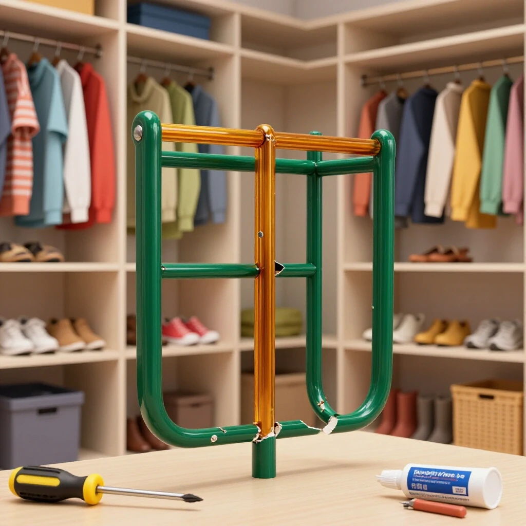 A broken closet rod holder with vibrant closet background, suggesting a DIY repair project with tools.