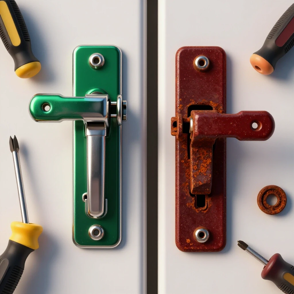 A split image of an intact shiny door latch and a broken rusted latch, highlighting repair tools.