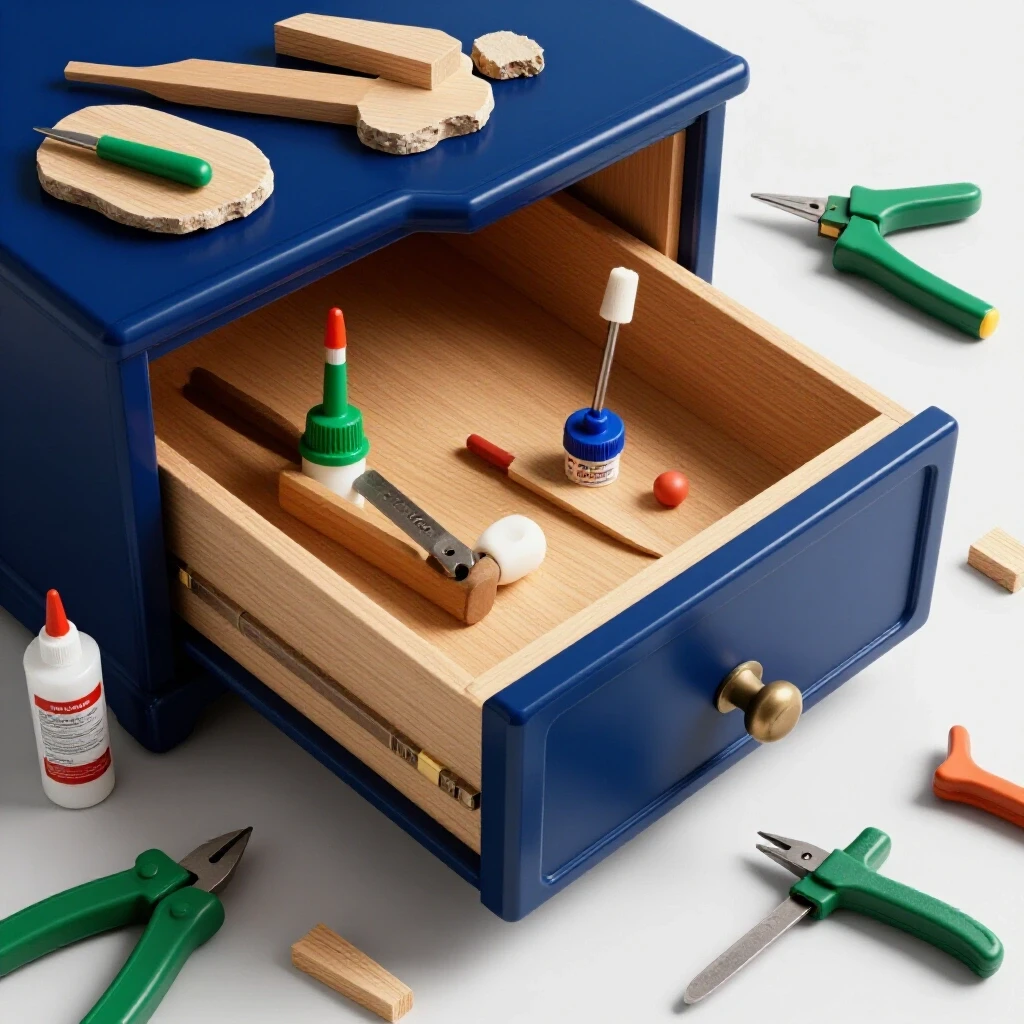 A partially open vintage drawer with repair tools like wood glue and clamps arranged around it on a bright background.