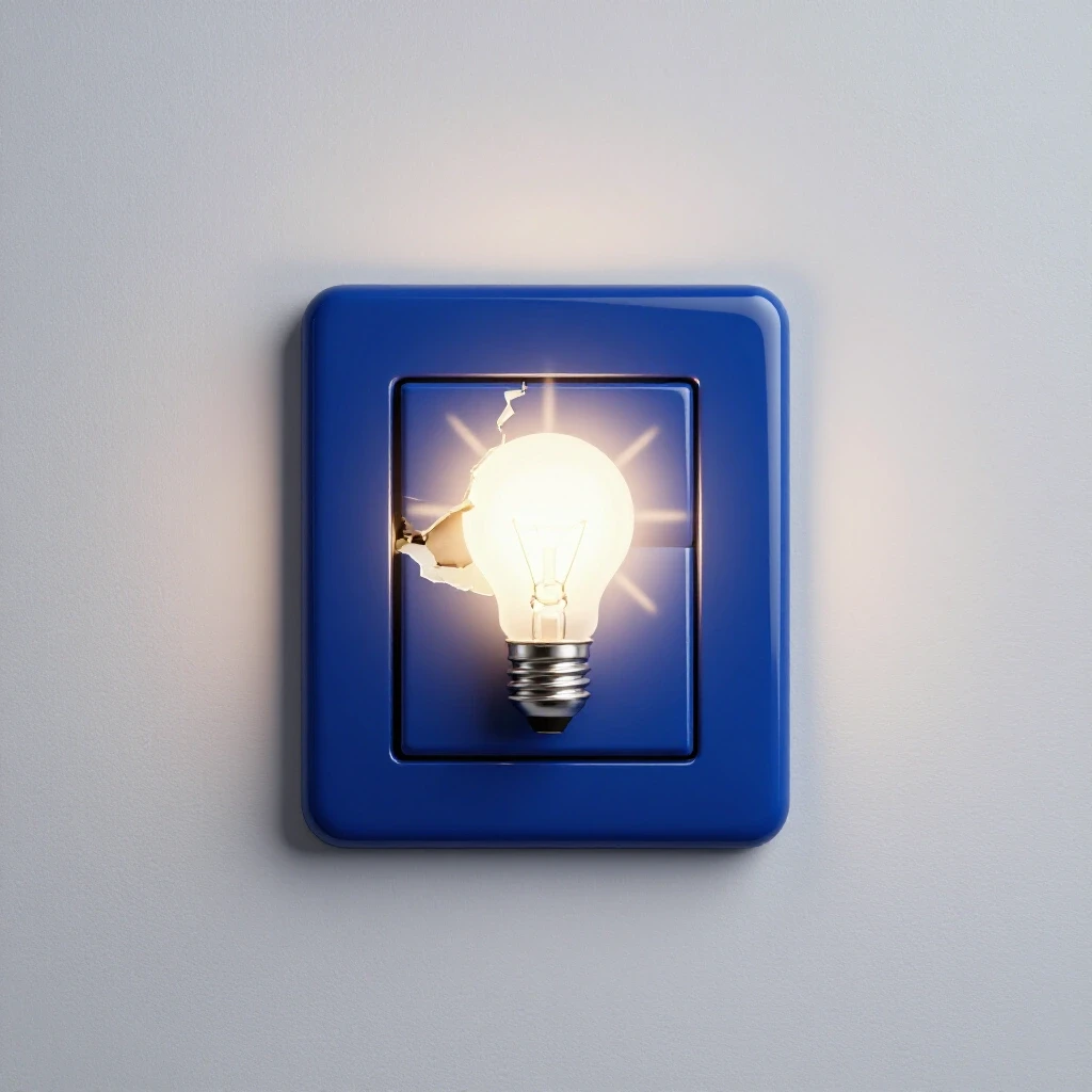 A close-up of a broken light switch illuminated by a glowing bulb, symbolizing hope, against a bright white background.