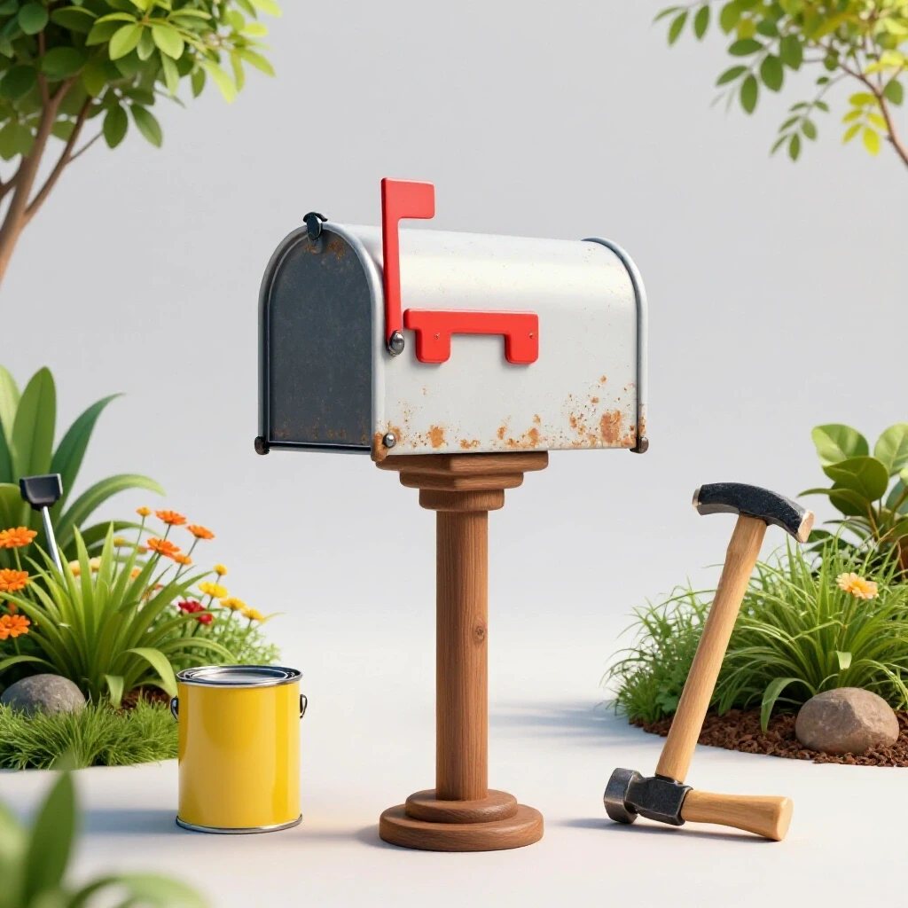 Close-up view of a charming, weathered mailbox post with colorful repair tools in a bright garden setting.