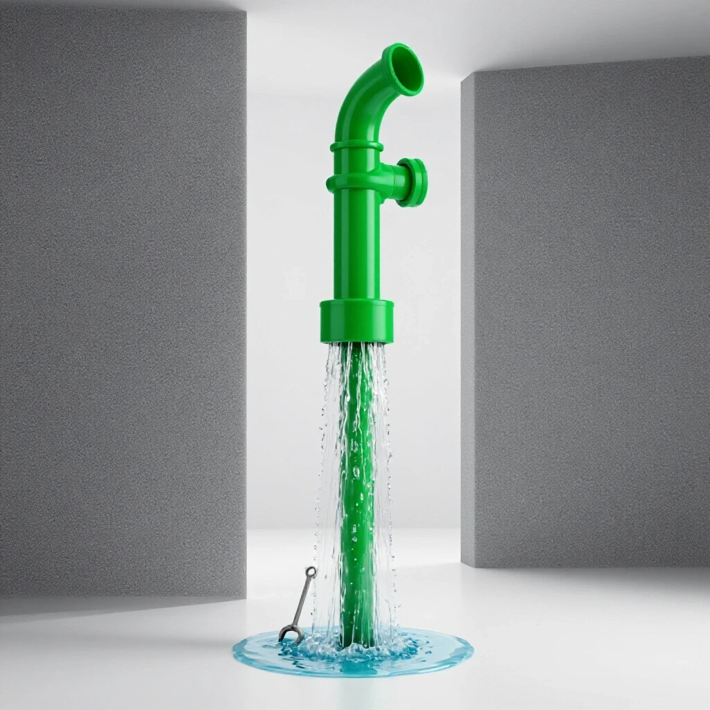 Close-up of a green downspout overflowing with water, with a wrench submerged in the water, against a bright background.