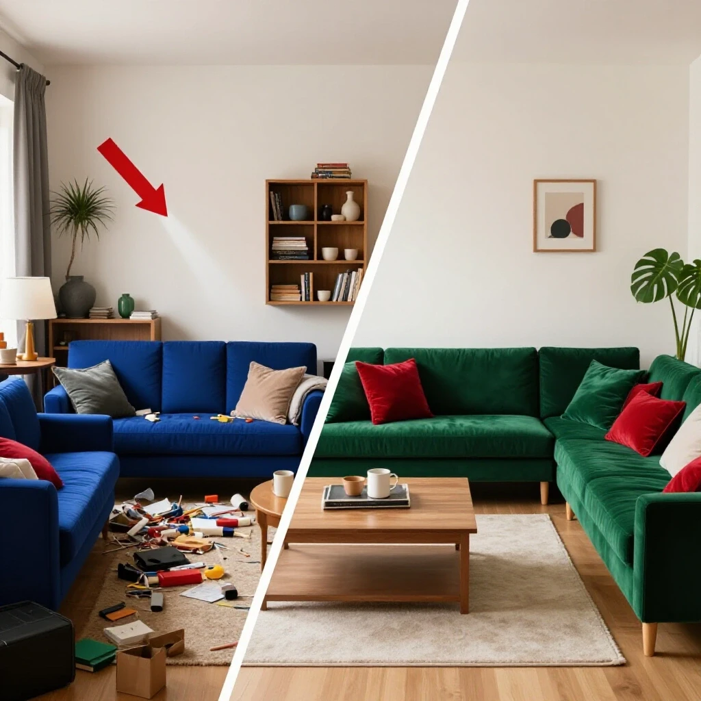 A split image showcasing a cluttered living room on the left and a well-organized living room on the right, highlighting transformation.