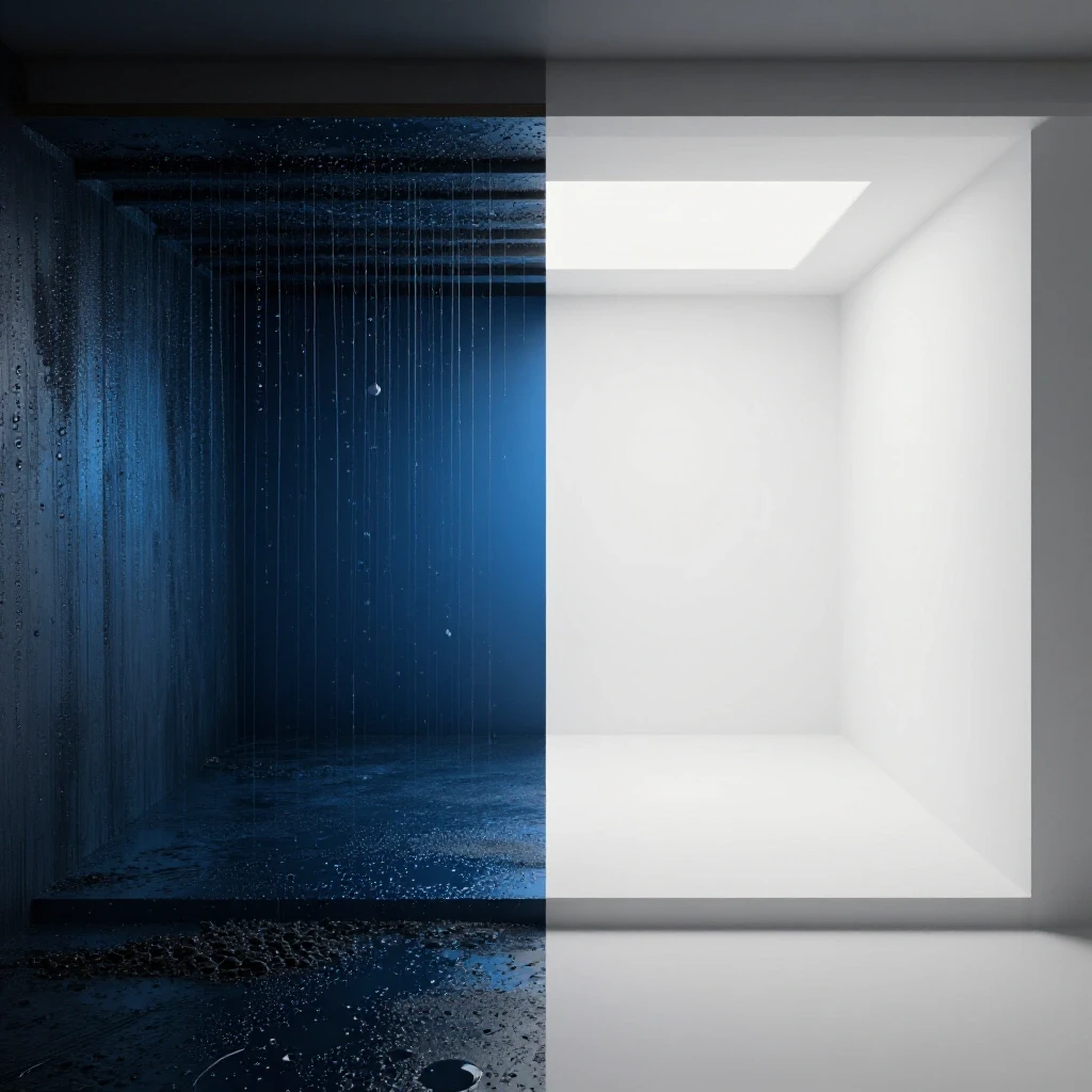 A transformative crawlspace image showing a dark, damp side contrasting with a clean, bright encapsulated area, symbolizing moisture control.
