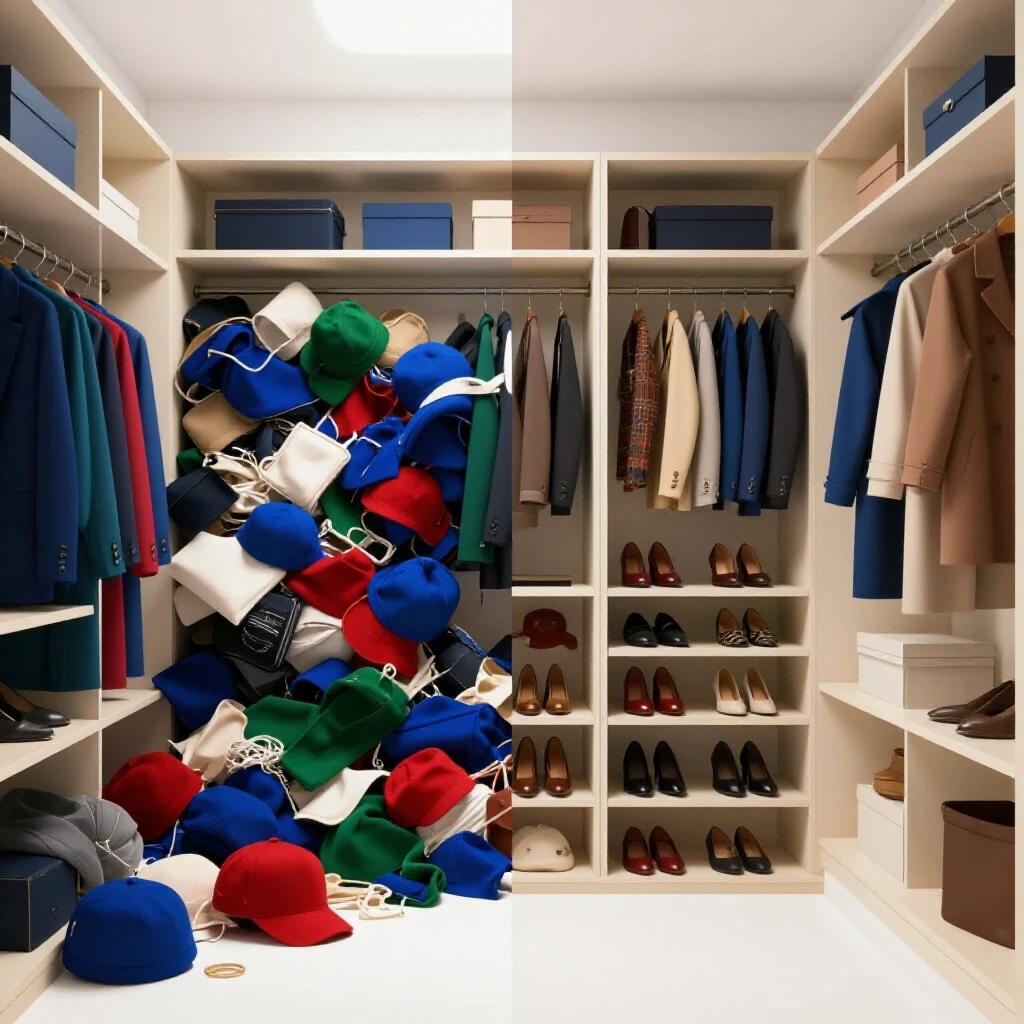 A split image showing a chaotic entry closet overflowing with items contrasted against a well-organized, stylish closet, emphasizing transformation.