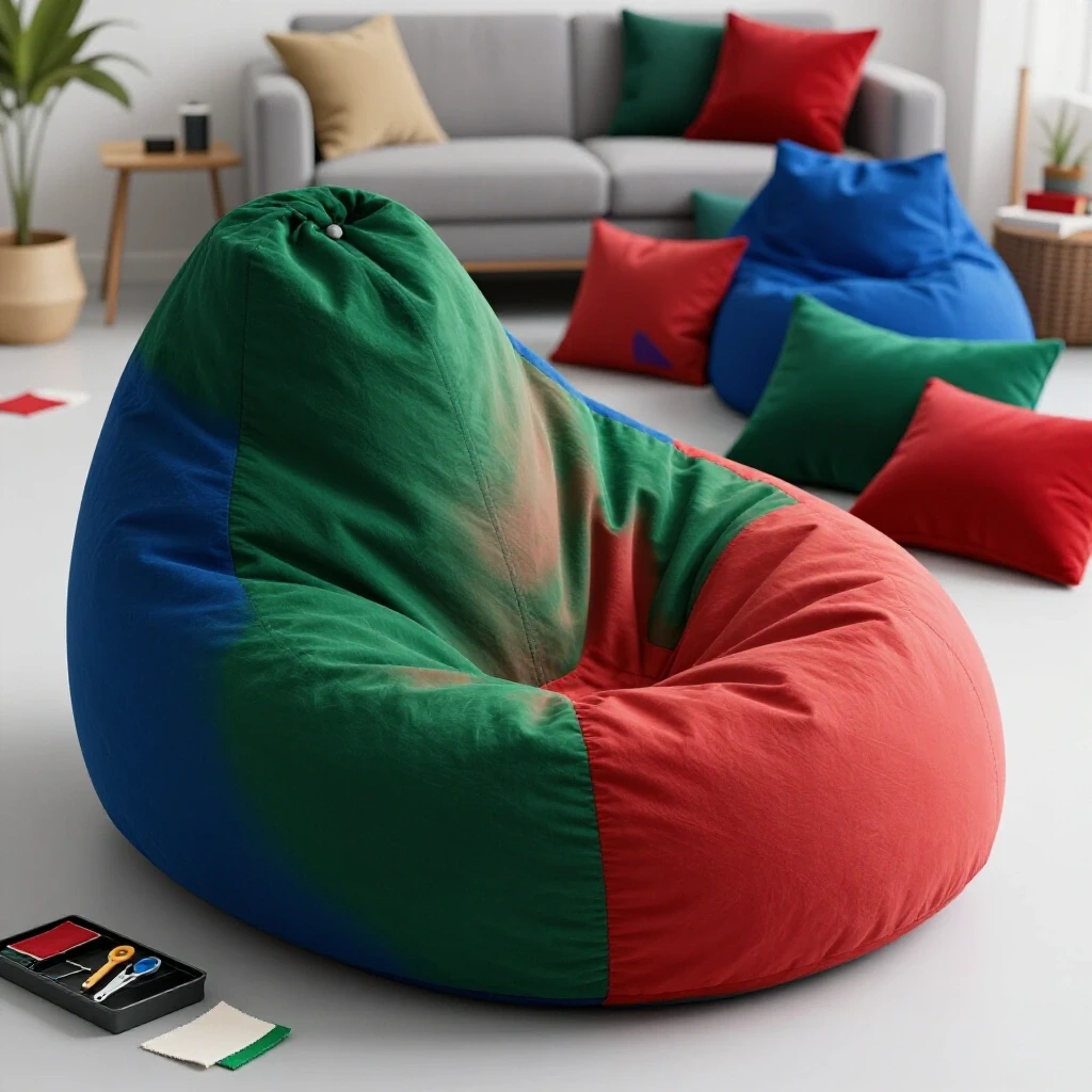 A vibrant oversized bean bag chair partially deflated, surrounded by colorful cushions and sewing tools in a cozy living room.