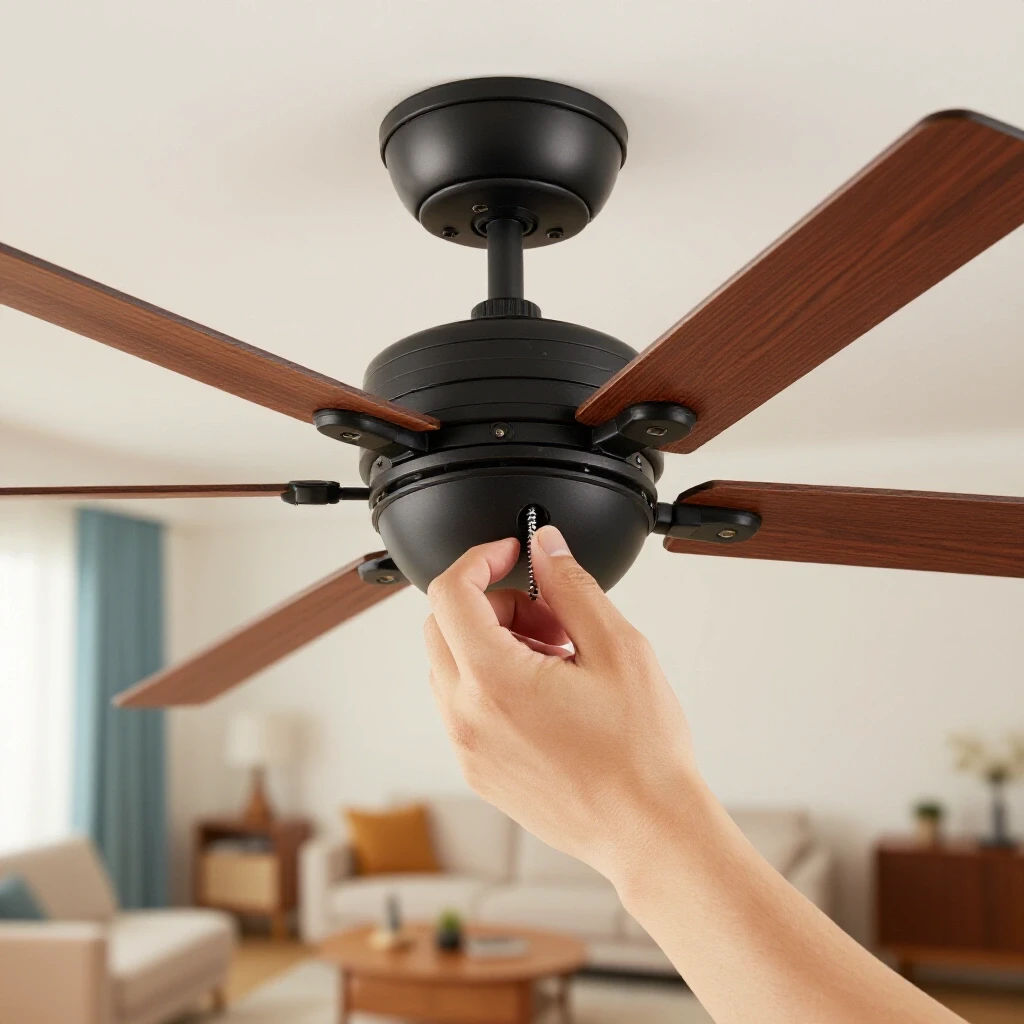 A hand tightening screws on a ceiling fan with a blurred cozy living room in the background.