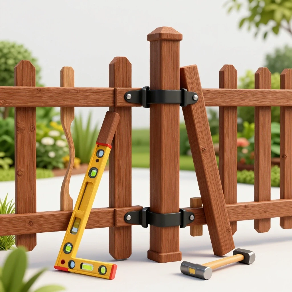 A 3D-rendered image of a stable fence post next to a leaning one, with a level and hammer nearby, set in a garden backdrop.
