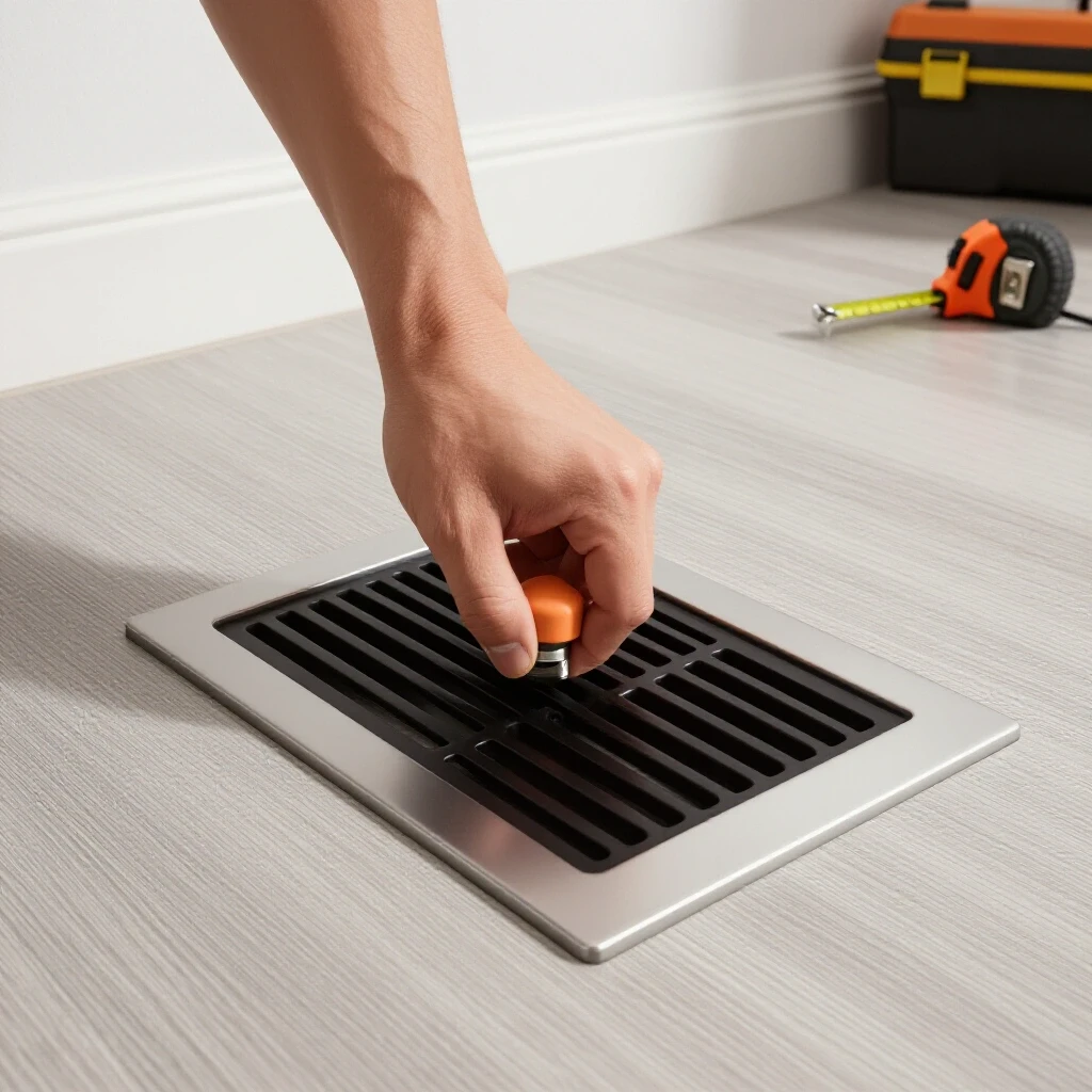 Close-up of a hand tightening a floor vent in a stylish room with a warm atmosphere and DIY tools in the background.