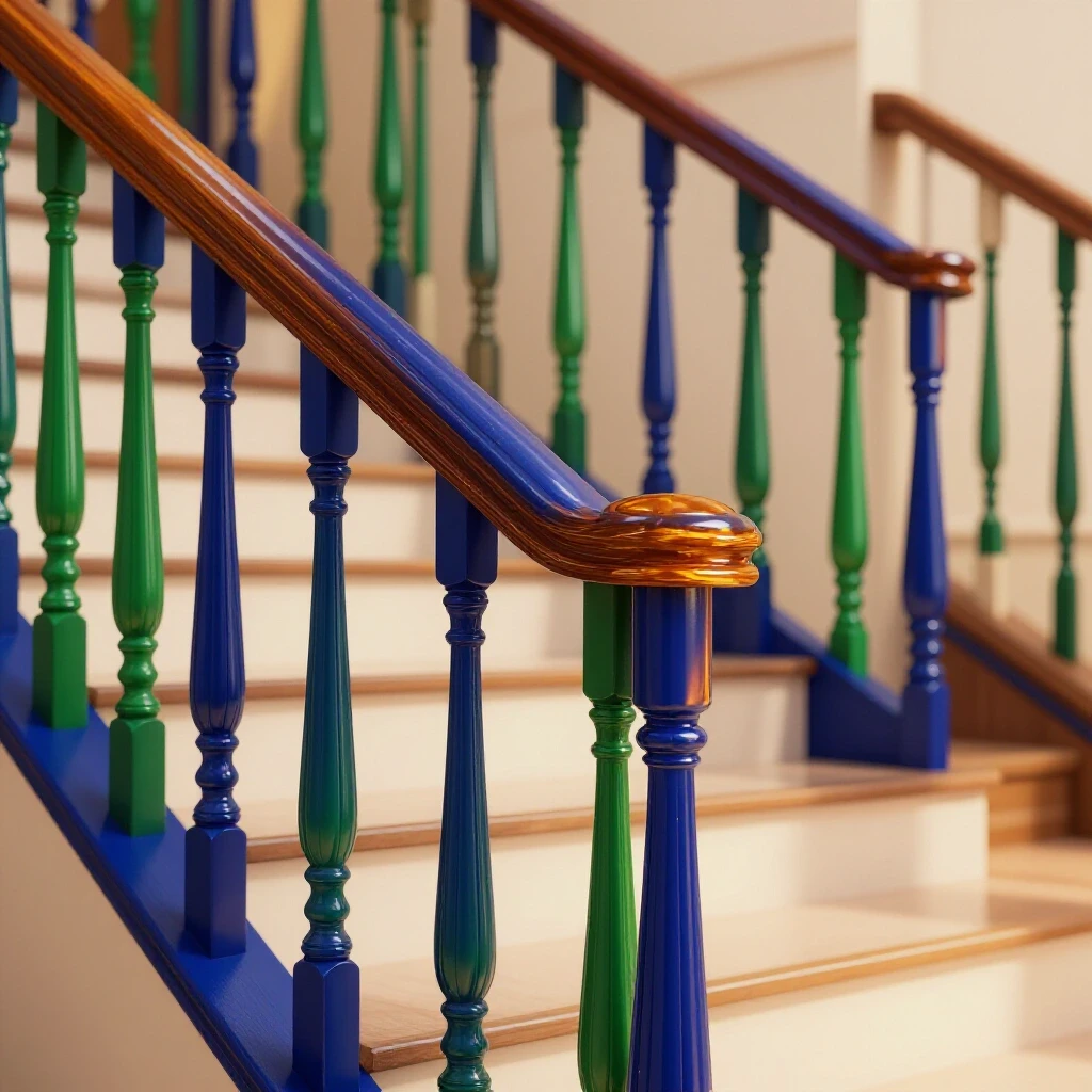 Close-up view of a dislodged handrail on stairs highlighted by warm lighting and vibrant colors.