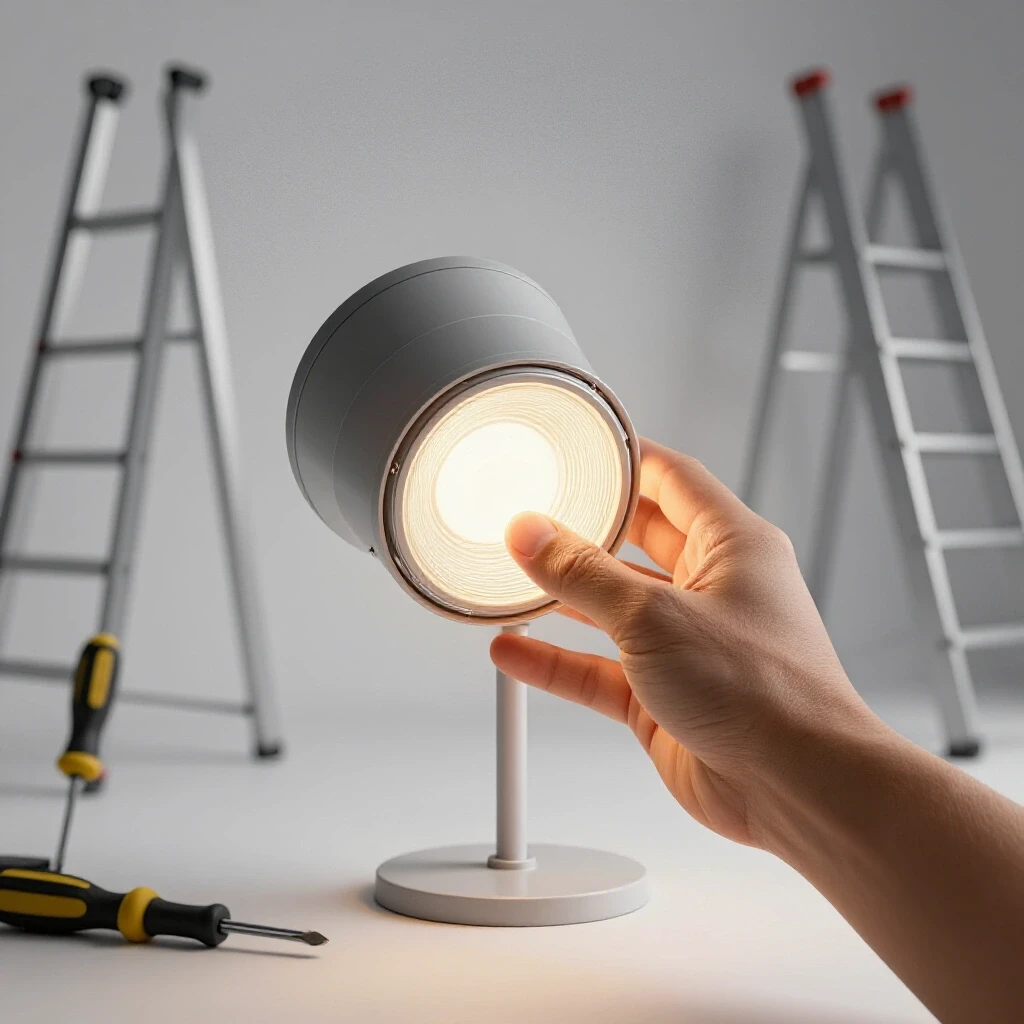 A hand adjusting a glowing light fixture surrounded by repair tools like a screwdriver and ladder, set in a bright studio.