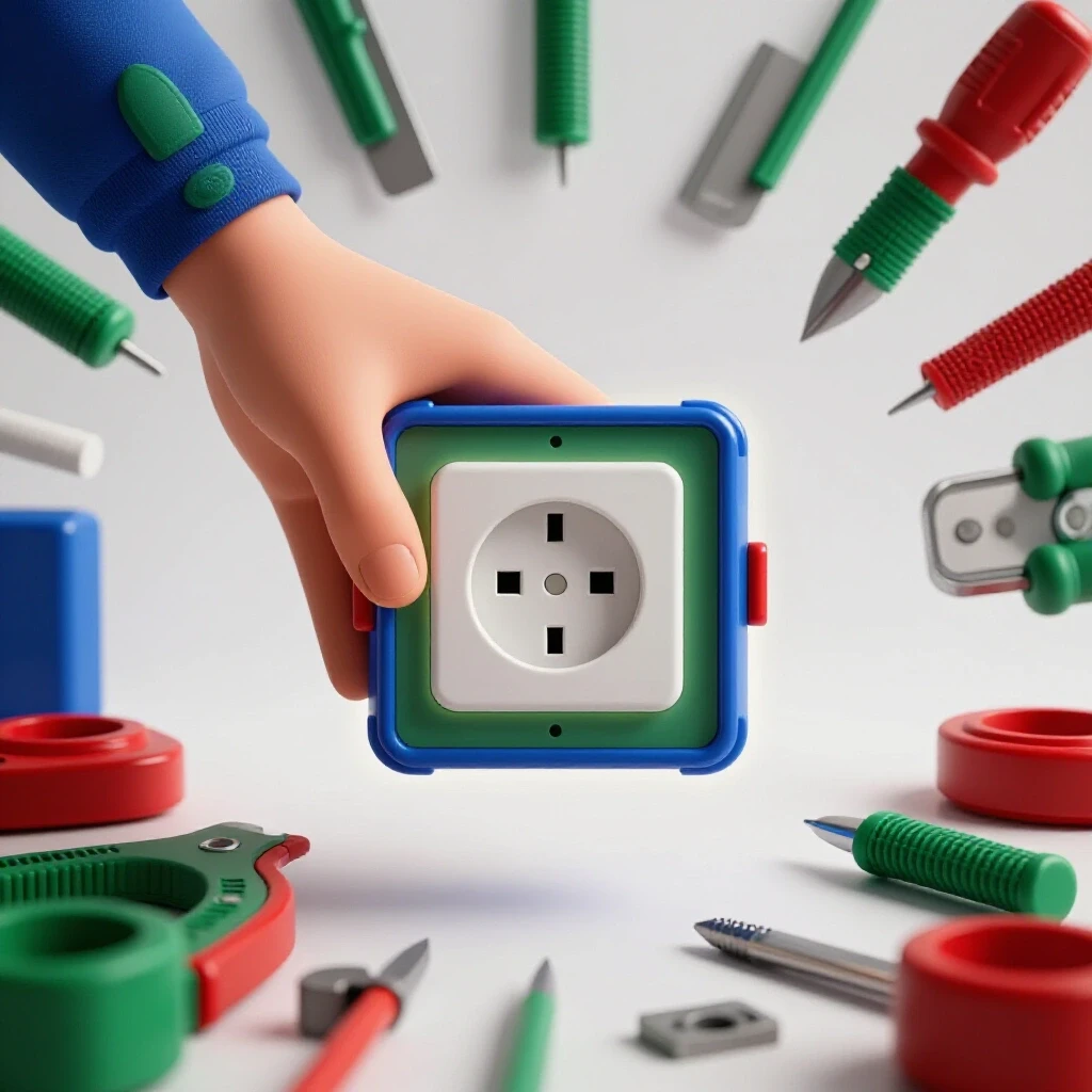 A close-up of a hand securing a loose outlet box, surrounded by colorful DIY tools, conveying a sense of safety and assurance.