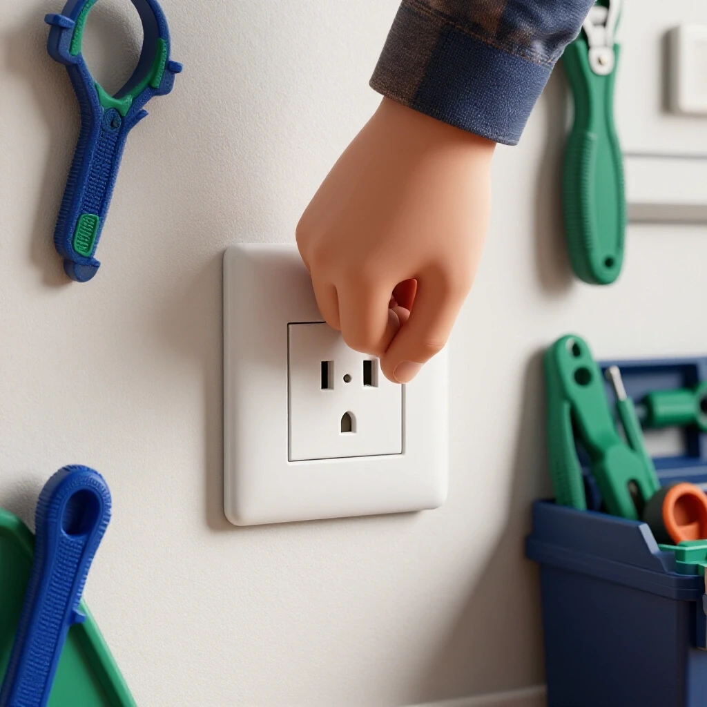 A close-up of a hand tightening a loose outlet cover with an organized toolbox nearby and a cluttered wall in the background.